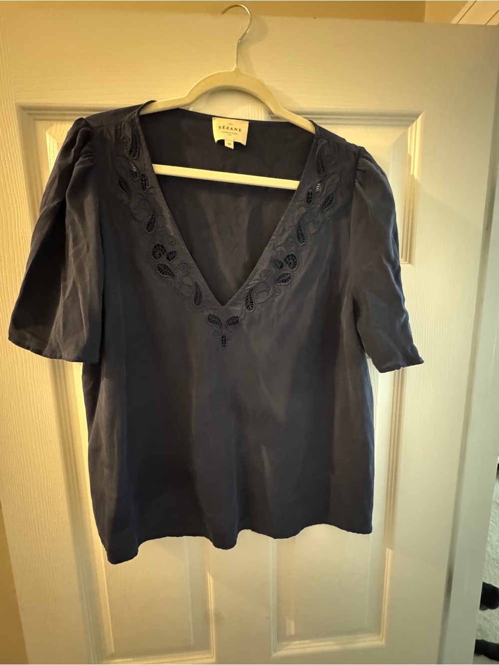 Sézane Minara Navy Silk Blouse Size 40 - Picture 3 of 6